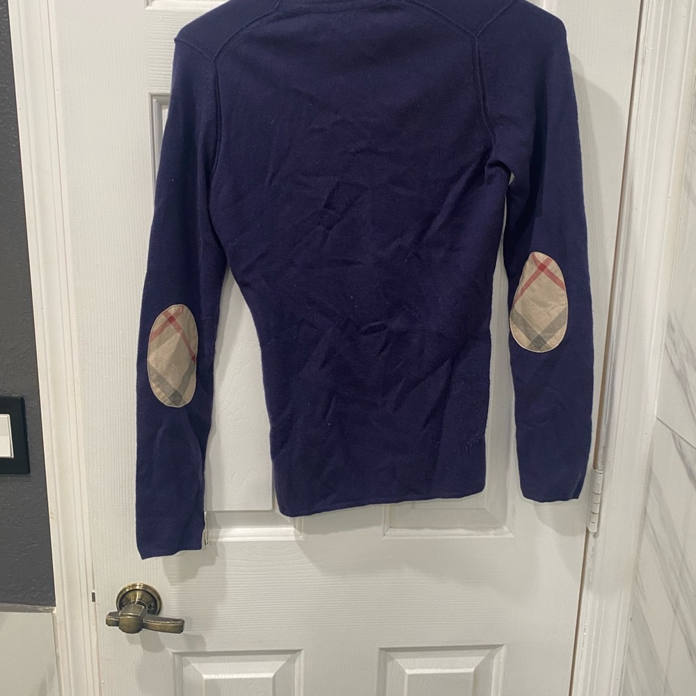 Burberry navy cashmere sweater with checked elbow patches